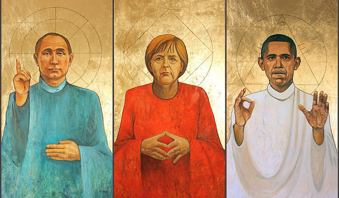 Olga David: &raquo;Barack &ndash; Angel &ndash; Vladimir &ndash; BAV&laquo;. 150x100 Zentimeter, &Ouml;l auf Blattgold auf OSB-Platte